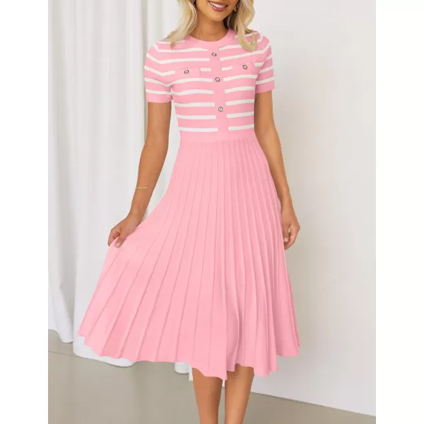 imageZESICA Womens Casual Striped Midi Dress Crewneck Short Sleeve Button Ribbed Knit Swing Pleated A Line DressesPink