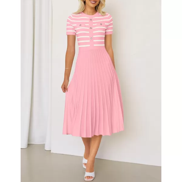imageZESICA Womens Casual Striped Midi Dress Crewneck Short Sleeve Button Ribbed Knit Swing Pleated A Line DressesPink