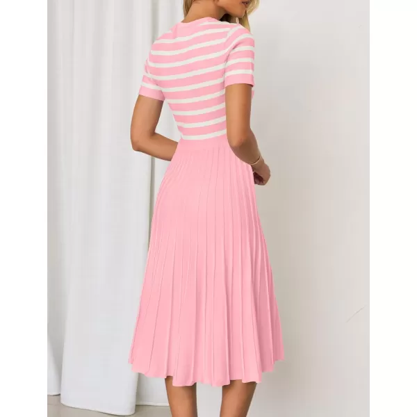 imageZESICA Womens Casual Striped Midi Dress Crewneck Short Sleeve Button Ribbed Knit Swing Pleated A Line DressesPink