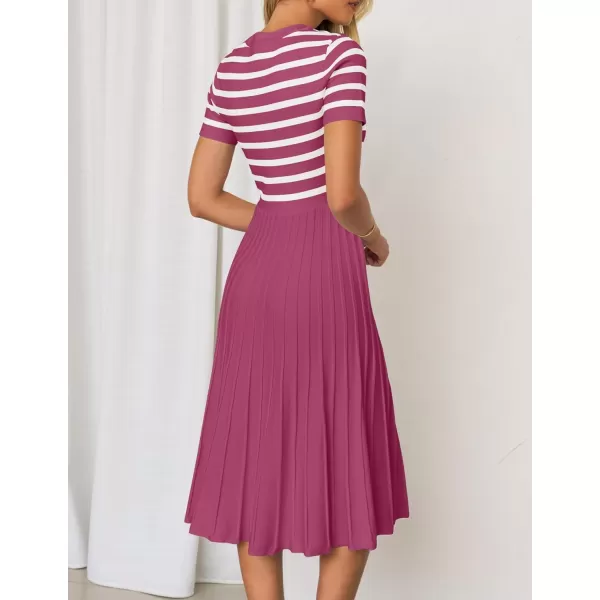 imageZESICA Womens Casual Striped Midi Dress Crewneck Short Sleeve Button Ribbed Knit Swing Pleated A Line DressesPlum