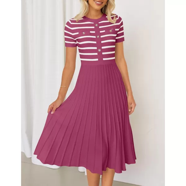 imageZESICA Womens Casual Striped Midi Dress Crewneck Short Sleeve Button Ribbed Knit Swing Pleated A Line DressesPlum