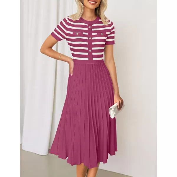 imageZESICA Womens Casual Striped Midi Dress Crewneck Short Sleeve Button Ribbed Knit Swing Pleated A Line DressesPlum