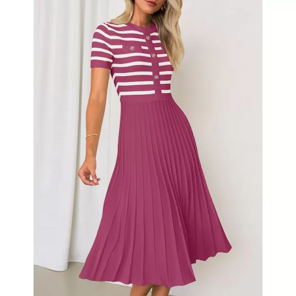 imageZESICA Womens Casual Striped Midi Dress Crewneck Short Sleeve Button Ribbed Knit Swing Pleated A Line DressesPlum