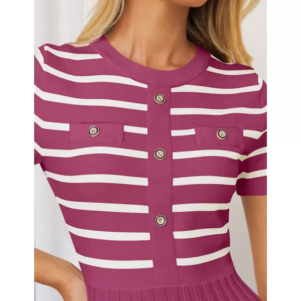 imageZESICA Womens Casual Striped Midi Dress Crewneck Short Sleeve Button Ribbed Knit Swing Pleated A Line DressesPlum