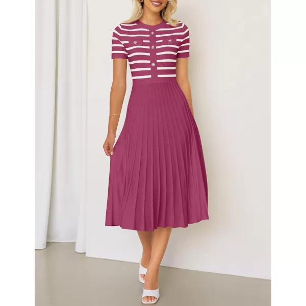 imageZESICA Womens Casual Striped Midi Dress Crewneck Short Sleeve Button Ribbed Knit Swing Pleated A Line DressesPlum