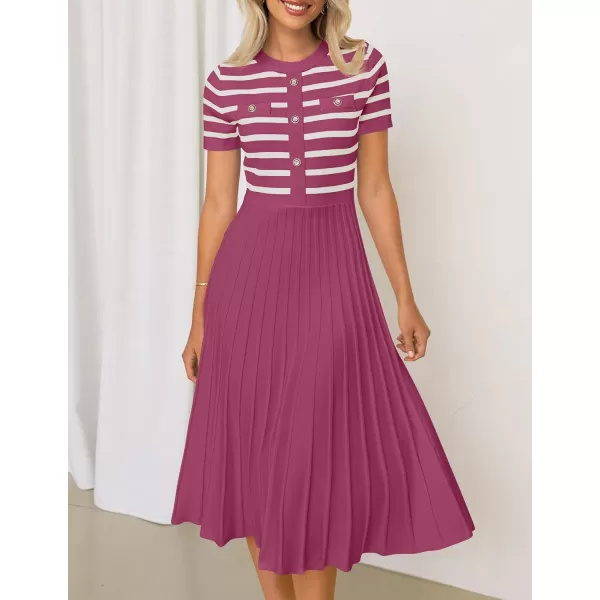 imageZESICA Womens Casual Striped Midi Dress Crewneck Short Sleeve Button Ribbed Knit Swing Pleated A Line DressesPlum