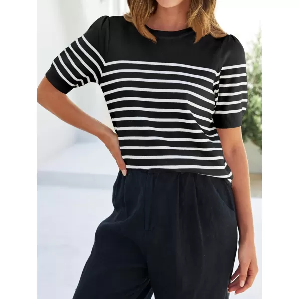 imageZESICA Womens Casual Striped Tops Short Sleeve Crew Neck Ribbed Knit T Shirts Comfy Loose Basic Pullover SweaterBlack