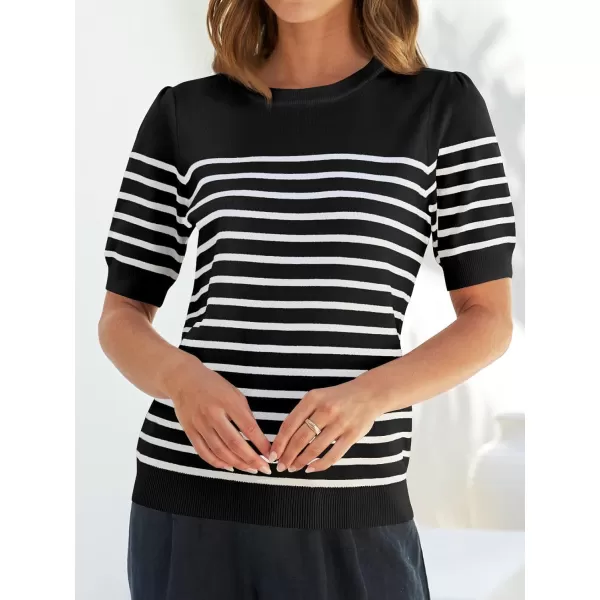 imageZESICA Womens Casual Striped Tops Short Sleeve Crew Neck Ribbed Knit T Shirts Comfy Loose Basic Pullover SweaterBlack