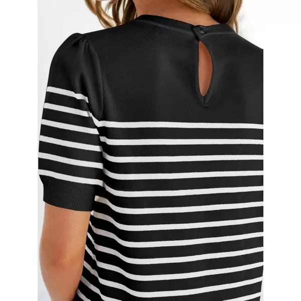 imageZESICA Womens Casual Striped Tops Short Sleeve Crew Neck Ribbed Knit T Shirts Comfy Loose Basic Pullover SweaterBlack