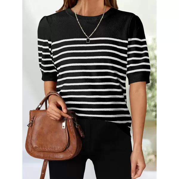 imageZESICA Womens Casual Striped Tops Short Sleeve Crew Neck Ribbed Knit T Shirts Comfy Loose Basic Pullover SweaterBlack