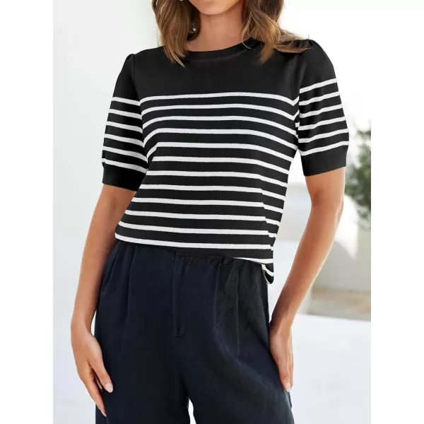 imageZESICA Womens Casual Striped Tops Short Sleeve Crew Neck Ribbed Knit T Shirts Comfy Loose Basic Pullover SweaterBlack