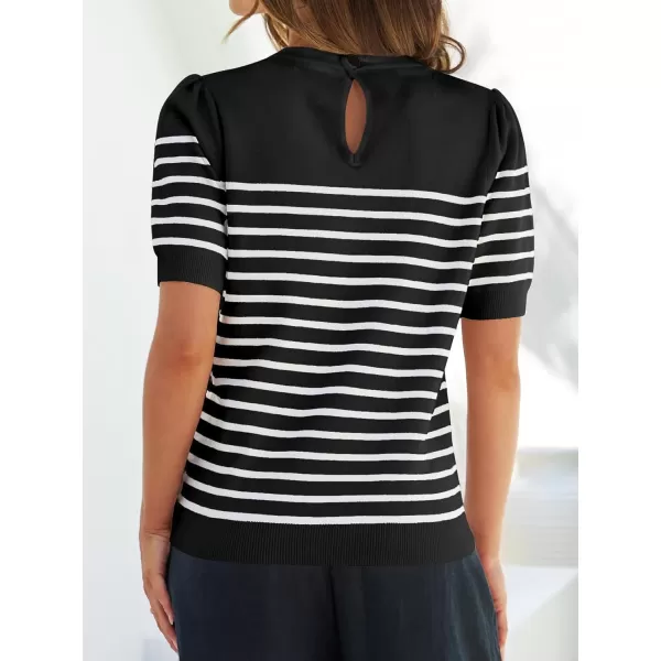 imageZESICA Womens Casual Striped Tops Short Sleeve Crew Neck Ribbed Knit T Shirts Comfy Loose Basic Pullover SweaterBlack