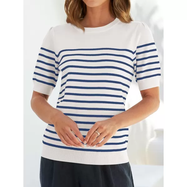 imageZESICA Womens Casual Striped Tops Short Sleeve Crew Neck Ribbed Knit T Shirts Comfy Loose Basic Pullover SweaterBlue