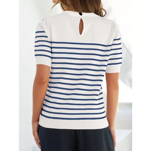 imageZESICA Womens Casual Striped Tops Short Sleeve Crew Neck Ribbed Knit T Shirts Comfy Loose Basic Pullover SweaterBlue