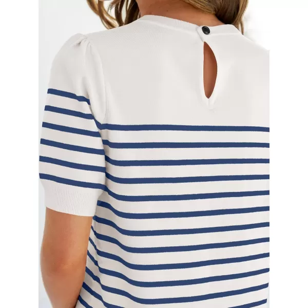 imageZESICA Womens Casual Striped Tops Short Sleeve Crew Neck Ribbed Knit T Shirts Comfy Loose Basic Pullover SweaterBlue