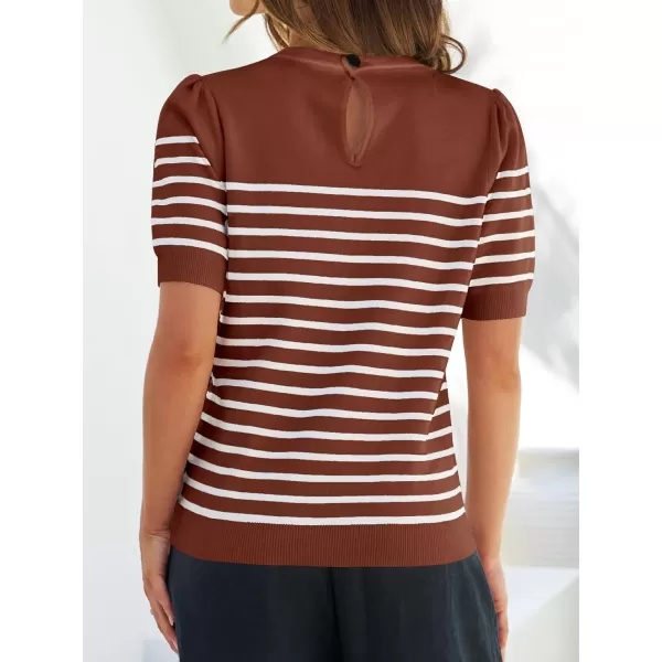 imageZESICA Womens Casual Striped Tops Short Sleeve Crew Neck Ribbed Knit T Shirts Comfy Loose Basic Pullover SweaterBrown