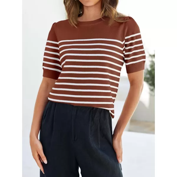 imageZESICA Womens Casual Striped Tops Short Sleeve Crew Neck Ribbed Knit T Shirts Comfy Loose Basic Pullover SweaterBrown