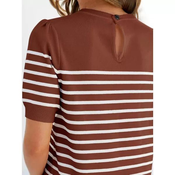 imageZESICA Womens Casual Striped Tops Short Sleeve Crew Neck Ribbed Knit T Shirts Comfy Loose Basic Pullover SweaterBrown