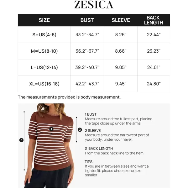 imageZESICA Womens Casual Striped Tops Short Sleeve Crew Neck Ribbed Knit T Shirts Comfy Loose Basic Pullover SweaterBrown