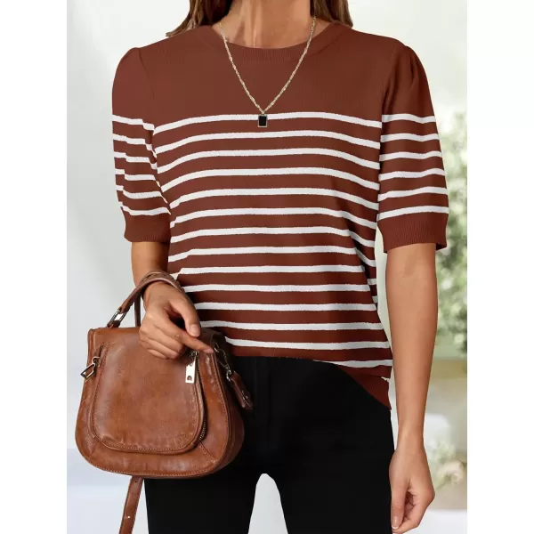 imageZESICA Womens Casual Striped Tops Short Sleeve Crew Neck Ribbed Knit T Shirts Comfy Loose Basic Pullover SweaterBrown
