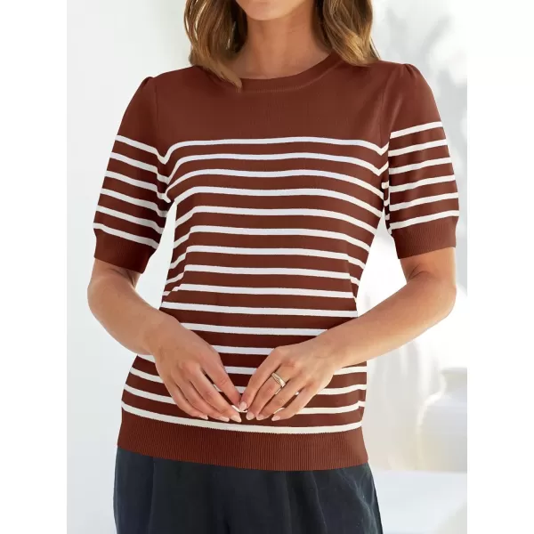 imageZESICA Womens Casual Striped Tops Short Sleeve Crew Neck Ribbed Knit T Shirts Comfy Loose Basic Pullover SweaterBrown