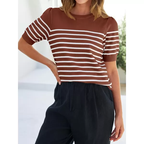 imageZESICA Womens Casual Striped Tops Short Sleeve Crew Neck Ribbed Knit T Shirts Comfy Loose Basic Pullover SweaterBrown
