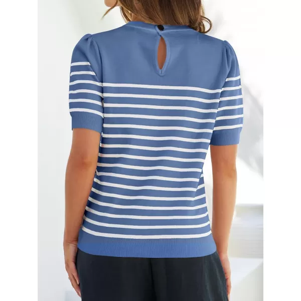 imageZESICA Womens Casual Striped Tops Short Sleeve Crew Neck Ribbed Knit T Shirts Comfy Loose Basic Pullover SweaterDusty Blue