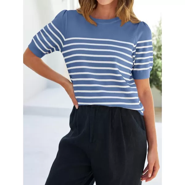 imageZESICA Womens Casual Striped Tops Short Sleeve Crew Neck Ribbed Knit T Shirts Comfy Loose Basic Pullover SweaterDusty Blue