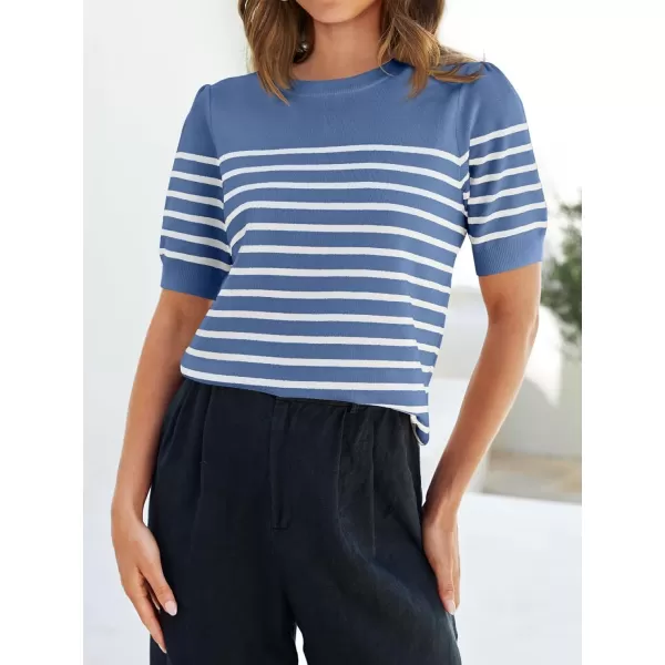 imageZESICA Womens Casual Striped Tops Short Sleeve Crew Neck Ribbed Knit T Shirts Comfy Loose Basic Pullover SweaterDusty Blue