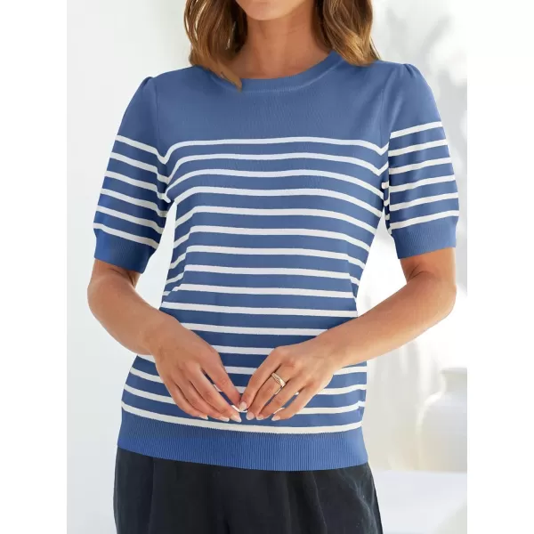 imageZESICA Womens Casual Striped Tops Short Sleeve Crew Neck Ribbed Knit T Shirts Comfy Loose Basic Pullover SweaterDusty Blue