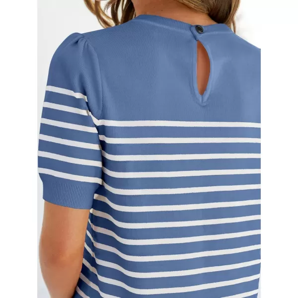 imageZESICA Womens Casual Striped Tops Short Sleeve Crew Neck Ribbed Knit T Shirts Comfy Loose Basic Pullover SweaterDusty Blue