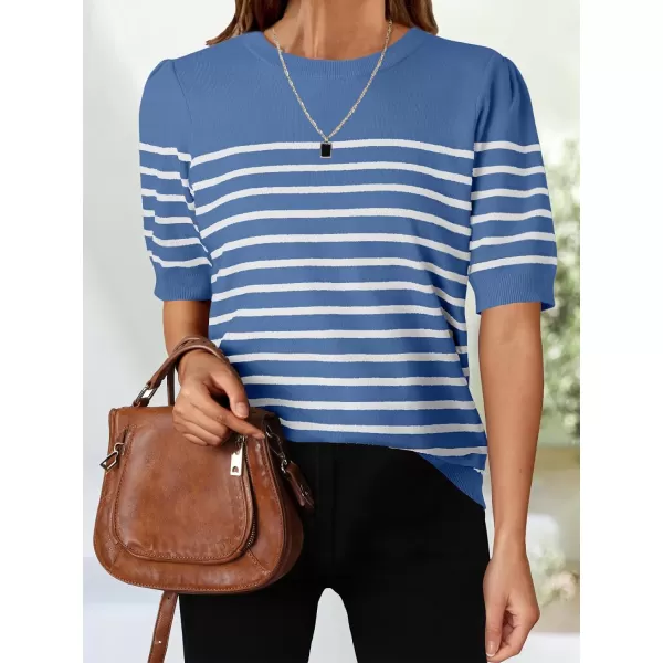 imageZESICA Womens Casual Striped Tops Short Sleeve Crew Neck Ribbed Knit T Shirts Comfy Loose Basic Pullover SweaterDusty Blue