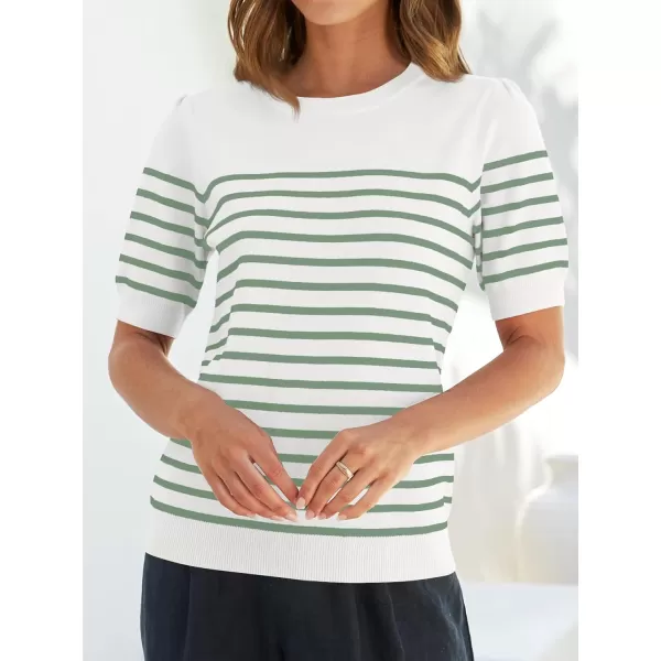 imageZESICA Womens Casual Striped Tops Short Sleeve Crew Neck Ribbed Knit T Shirts Comfy Loose Basic Pullover SweaterLight Green