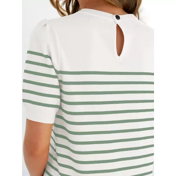 imageZESICA Womens Casual Striped Tops Short Sleeve Crew Neck Ribbed Knit T Shirts Comfy Loose Basic Pullover SweaterLight Green