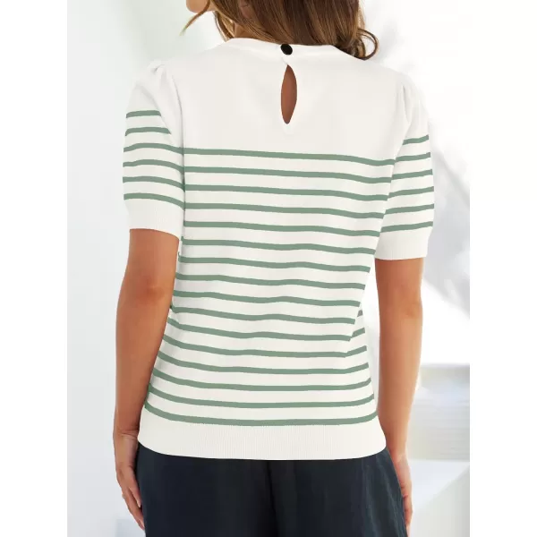 imageZESICA Womens Casual Striped Tops Short Sleeve Crew Neck Ribbed Knit T Shirts Comfy Loose Basic Pullover SweaterLight Green