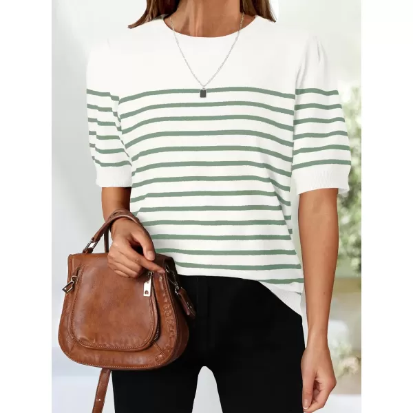 imageZESICA Womens Casual Striped Tops Short Sleeve Crew Neck Ribbed Knit T Shirts Comfy Loose Basic Pullover SweaterLight Green