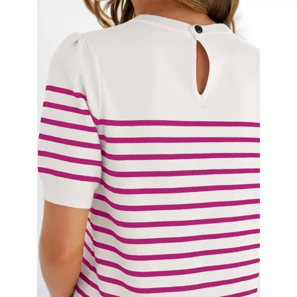 imageZESICA Womens Casual Striped Tops Short Sleeve Crew Neck Ribbed Knit T Shirts Comfy Loose Basic Pullover SweaterRosered