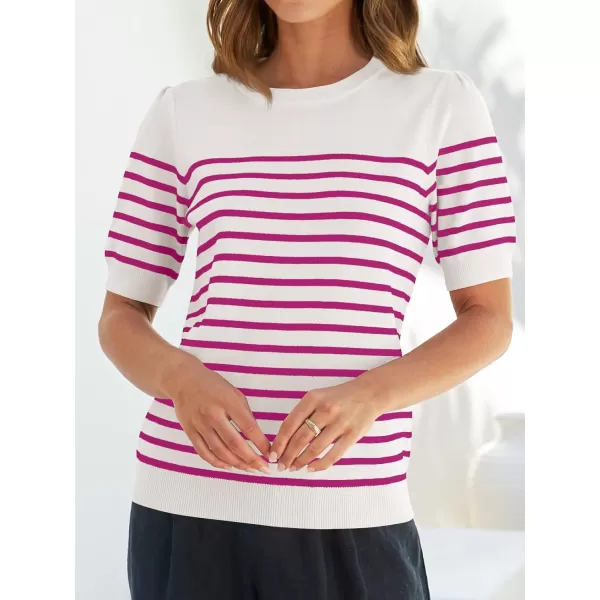 imageZESICA Womens Casual Striped Tops Short Sleeve Crew Neck Ribbed Knit T Shirts Comfy Loose Basic Pullover SweaterRosered