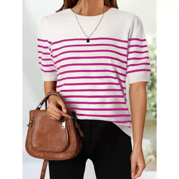 imageZESICA Womens Casual Striped Tops Short Sleeve Crew Neck Ribbed Knit T Shirts Comfy Loose Basic Pullover SweaterRosered
