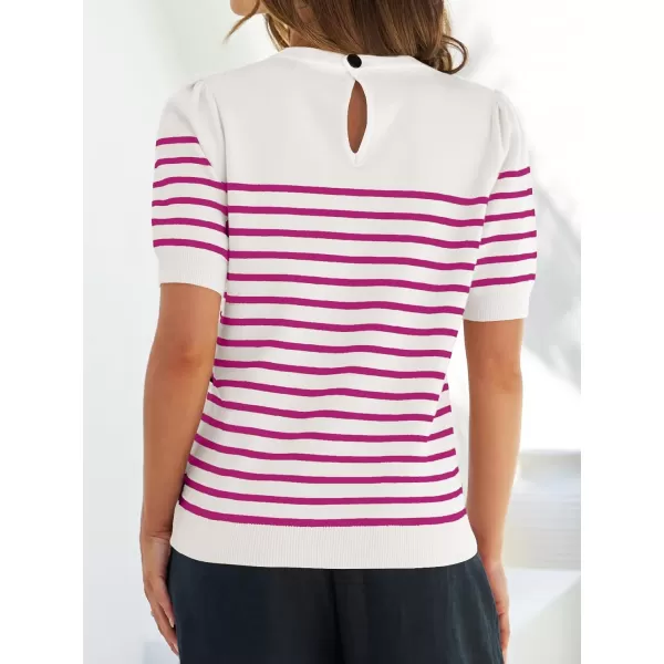 imageZESICA Womens Casual Striped Tops Short Sleeve Crew Neck Ribbed Knit T Shirts Comfy Loose Basic Pullover SweaterRosered
