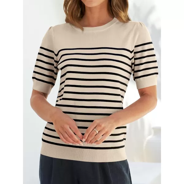 imageZESICA Womens Casual Striped Tops Short Sleeve Crew Neck Ribbed Knit T Shirts Comfy Loose Basic Pullover SweaterSand