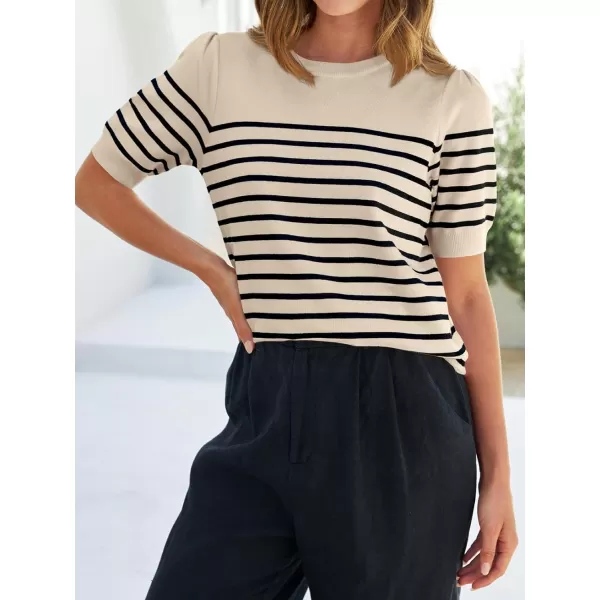 imageZESICA Womens Casual Striped Tops Short Sleeve Crew Neck Ribbed Knit T Shirts Comfy Loose Basic Pullover SweaterSand