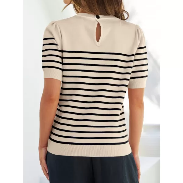 imageZESICA Womens Casual Striped Tops Short Sleeve Crew Neck Ribbed Knit T Shirts Comfy Loose Basic Pullover SweaterSand
