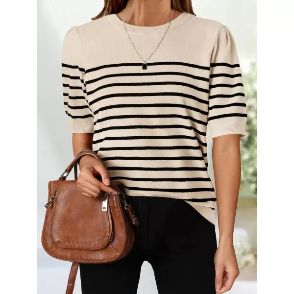 imageZESICA Womens Casual Striped Tops Short Sleeve Crew Neck Ribbed Knit T Shirts Comfy Loose Basic Pullover SweaterSand