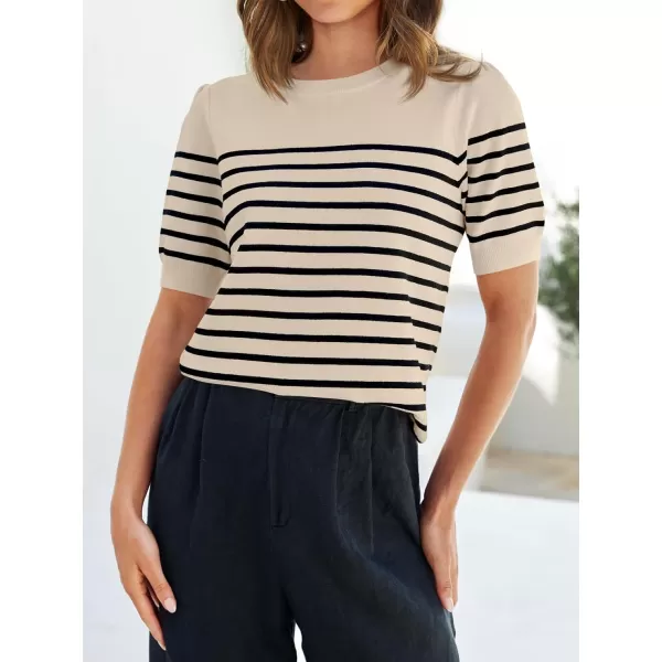 imageZESICA Womens Casual Striped Tops Short Sleeve Crew Neck Ribbed Knit T Shirts Comfy Loose Basic Pullover SweaterSand