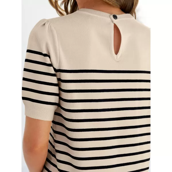 imageZESICA Womens Casual Striped Tops Short Sleeve Crew Neck Ribbed Knit T Shirts Comfy Loose Basic Pullover SweaterSand