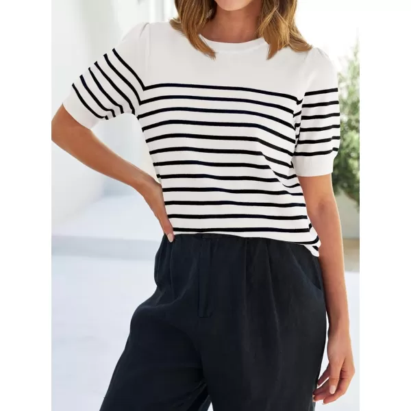 imageZESICA Womens Casual Striped Tops Short Sleeve Crew Neck Ribbed Knit T Shirts Comfy Loose Basic Pullover SweaterWhite