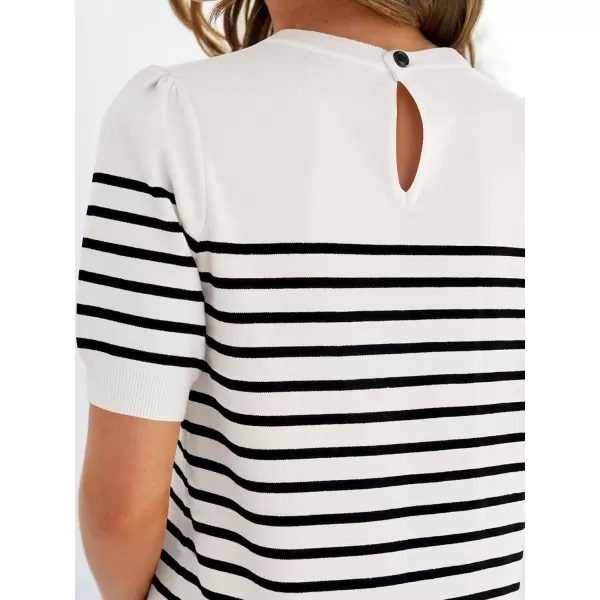 imageZESICA Womens Casual Striped Tops Short Sleeve Crew Neck Ribbed Knit T Shirts Comfy Loose Basic Pullover SweaterWhite