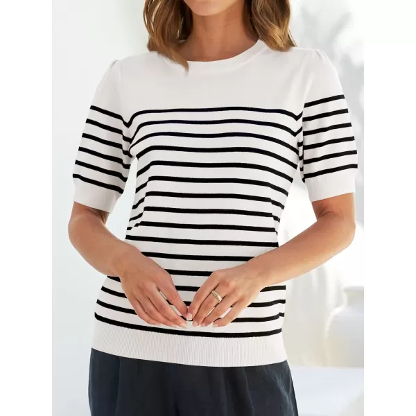imageZESICA Womens Casual Striped Tops Short Sleeve Crew Neck Ribbed Knit T Shirts Comfy Loose Basic Pullover SweaterWhite