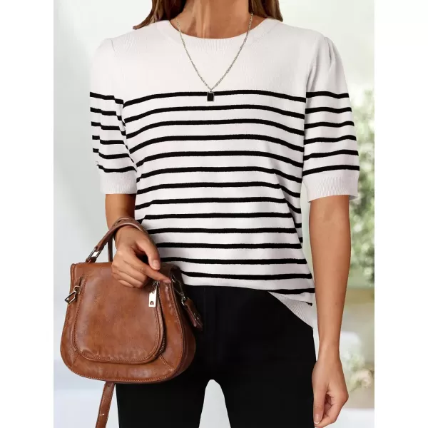 imageZESICA Womens Casual Striped Tops Short Sleeve Crew Neck Ribbed Knit T Shirts Comfy Loose Basic Pullover SweaterWhite